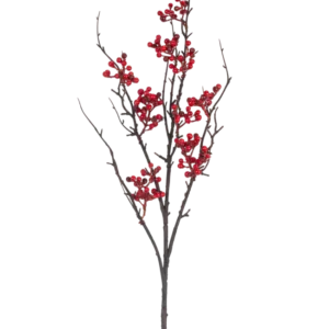 Der künstliche Beerenzweig 93 cm rot hat einen kahlen braunen Zweig mit mehreren Ablegern und Büscheln leuchtend roter Beeren vor einem schlichten weißen Hintergrund.
