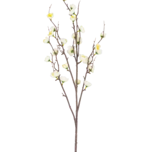 Die künstliche japanische Kirschblüte 94 cm weiß hat einen einzelnen braunen Zweig mit mehreren dünnen Trieben und kleinen weißen künstlichen Kirschblüten vor einem schlichten weißen Hintergrund.