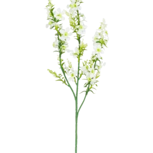 Die künstliche Blumenkatzenminze 75 cm weiß hat einen einzelnen grünen Stiel mit mehreren Zweigen kleiner weißer Blüten und gelbgrüner Knospen, isoliert auf weißem Hintergrund.