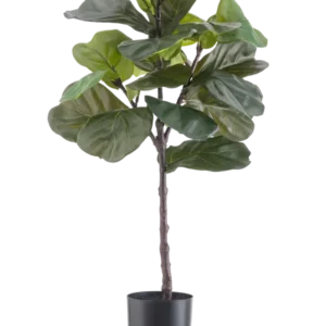 Die Kunstpflanze Ficus Tabakpflanze Deluxe 90 cm ist eine hohe künstliche Zimmerpflanze mit großen, glänzend grünen Blättern in einem schwarzen Topf, dargestellt vor einem schlichten weißen Hintergrund.