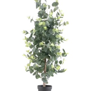 Die Kunstpflanze Eukalyptus 91 cm hat hohe, realistische runde grüne Blätter und kleine gelbe Knospen in einem schwarzen Topf vor einem schlichten weißen Hintergrund.