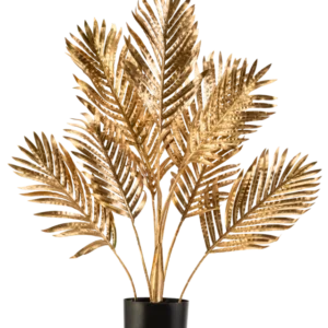 Die künstliche Palme Areca Gold 80 cm ist eine dekorative Topfpflanze mit metallisch goldenen Palmblättern in einem schwarzen Topf vor einem schlichten weißen Hintergrund.