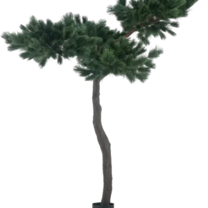 De Kunstplant Pinus 210 cm is een hoge kunstdennenboom met een slanke gebogen stam en twee brede, bossige takken met dichte groene naalden, afgebeeld tegen een effen witte achtergrond.