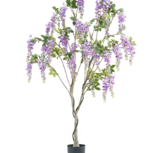 Die 180 cm große künstliche Wisteria-Pflanze hat einen gedrehten Stamm mit lebensechten Büscheln lila Blüten und grünen Blättern vor einem weißen Hintergrund.