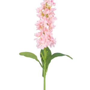 Die Kunstblume Violier 78 cm rosa ist eine einzelne hellrosa Kunstblume mit mehreren kleinen Blüten entlang des aufrechten Stiels und grünen Blättern vor einem weißen Hintergrund.
