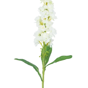Die künstliche Blume Violier 78 cm weiß hat einen langen Stiel mit weißen Blütenbüscheln an der Spitze und langen grünen Blättern vor einem schlichten weißen Hintergrund.