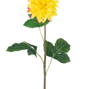 Die künstliche Blumen-Dahlie Real Touch Yellow 73 cm ist eine einzelne gelbe Dahlie mit runden Blütenblättern und roten Akzenten, einem langen grünen Stiel und einer Reihe großer grüner Blätter vor einem weißen Hintergrund.