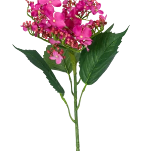 Eine einzelne künstliche Blumen-Schmetterlingshortensie, 72 cm hoch, mit leuchtend rosa Kunstblumen und grünen Blättern, vor einem weißen Hintergrund.