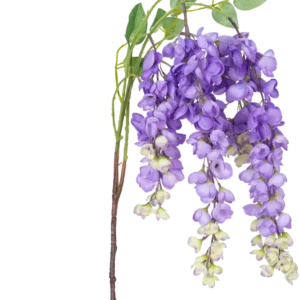 Eine künstliche Glyzinienblume, 115 cm, lila mit lila Glyzinienblüten und grünen Blättern vor einem weißen Hintergrund.