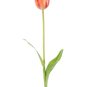 Eine einzelne künstliche französische Tulpe 63 cm orange mit einem langen grünen Stiel und zwei grünen Blättern, isoliert auf weißem Hintergrund.
