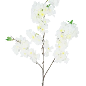 Die künstliche Kirschblüte 106 cm weiß hat einen einzelnen braunen Zweig mit Büscheln weißer künstlicher Kirschblüten und kleinen grünen Blättern vor einem schlichten weißen Hintergrund.