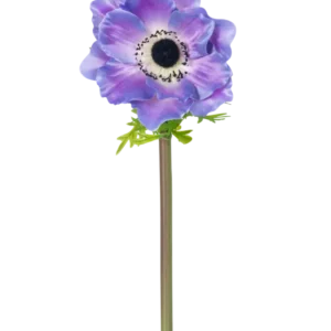Die künstliche Blumenanemone Deluxe 43 cm lila besteht aus einer einzelnen violetten Anemone mit dunklem Herzen und zarten Blütenblättern an einem langen grünen Stiel, die isoliert vor einem weißen Hintergrund dargestellt ist.
