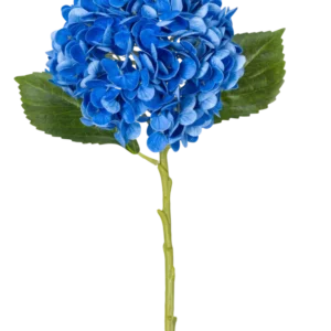 Die Kunstblume Charlotte Hydrangea Real Touch Blue 49 cm ist eine einzelne blaue Hortensie mit grünen Blättern und einem langen Stiel, dargestellt vor einem weißen Hintergrund.