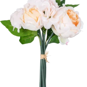 Ein künstlicher Blumenstrauß Real Touch Champagne 30 cm besteht aus lebensechten rosa und pfirsichfarbenen Kunstblumen mit grünen Blättern und Lotusknospen, die mit einem Seil vor einem weißen Hintergrund zusammengebunden sind.