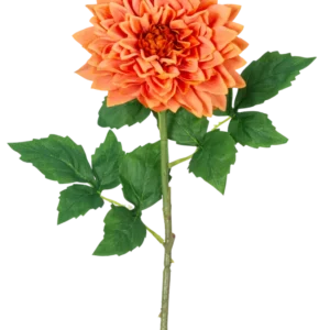 Ein einzelner orangefarbener 70-cm-Stiel von Kunst Georgine Real Touch hat geschichtete orangefarbene Dahlienblätter und grüne Blätter vor einem weißen Hintergrund.