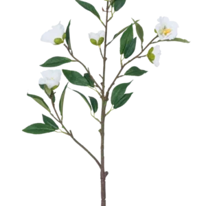 Die künstliche Blumenkamelie 80 cm weiß hat einen einzelnen Zweig mit mehreren grünen Blättern und mehreren blühenden weißen Blüten vor einem schlichten weißen Hintergrund.