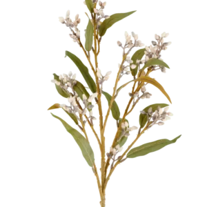 Ein einzelner 78 cm großer Eukalyptus-Kunstblumenstiel in Creme/Braun mit mehreren Zweigen grüner Blätter und kleinen, runden Blütenbüscheln, abgebildet vor einem schlichten weißen Hintergrund.