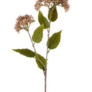 Ein einzelner Stiel der Kunstblume Sedum 67 cm lila hat zwei Büschel kleiner, helllila Blüten und zahlreiche grüne Blätter vor einem weißen Hintergrund.