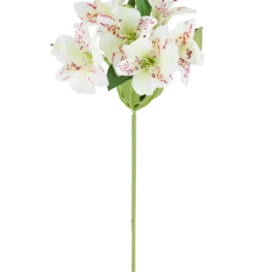 Künstliche Blume Alstroemeria 47 cm cremefarben mit cremefarbenen Blütenblättern und dezenten roten Sprenkeln, ergänzt durch grüne Blätter an einem einzelnen grünen Stiel, dargestellt vor einem weißen Hintergrund.