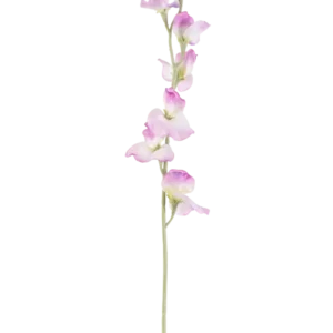 Eine einzelne lange künstliche Erbsenblume mit einem violetten Stiel von 64 cm und zarten violetten Blüten, die vertikal angeordnet sind, vor einem schlichten weißen Hintergrund.