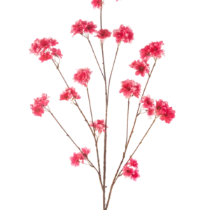 De Kunstbloem Kersenbloesem 130 cm fuchsia heeft een enkele steel met meerdere dunne bruine takken, elk versierd met clusters van levendige fuchsia kunstkerstbloesem bloemen, tegen een effen witte achtergrond.