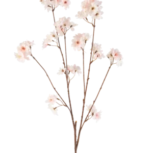 Die künstliche Blume Kirschblüte 114 cm in Rouge hat einen einzelnen braunen Stiel mit mehreren Zweigen, die mit zarten, rosafarbenen Kirschblütenblüten gekrönt sind, die wunderschön isoliert auf einem weißen Hintergrund stehen.