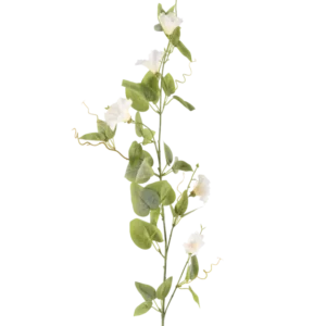 Die künstliche Blumenwinde 122 cm weiß hat einen einzelnen Stiel mit kleinen weißen Blüten, grünen Blättern und gekräuselten Ranken vor einem schlichten weißen Hintergrund.