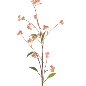 Die künstliche Beerenblume 95 cm rosa hat einen langen, dünnen Stiel mit einer Reihe kleiner Büschel rosa Beeren und einigen grünen Blättern, die vor einem schlichten weißen Hintergrund abgebildet sind.