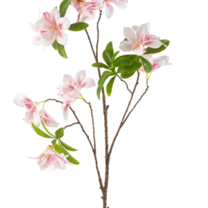Die künstliche Blumenbegonie 99 cm in Rouge hat einen einzelnen Zweig mit mehreren rosa und weißen Begonienblüten und Büscheln grüner Blätter vor einem weißen Hintergrund.