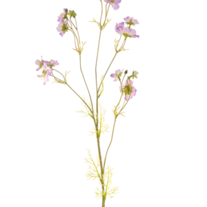 Der künstliche Blumenkörbchen 95 cm lila hat einen zarten Stiel mit mehreren hellvioletten Blüten und kleinen grünen Blättern, die sich wunderschön vor einem schlichten weißen Hintergrund abheben.