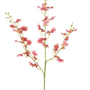 Eine einzelne rote künstliche Blumenorchidee 98 cm mit mehreren Zweigen, jeder mit Büscheln leuchtender Blüten, vor einem schlichten weißen Hintergrund.