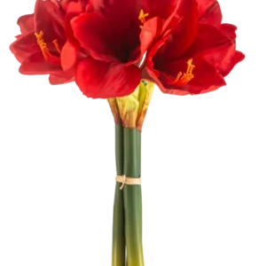 Die Kunstblume Amaryllis Real Touch rot 36 cm hat leuchtend rote Amaryllisblüten mit grünen Stielen, die mit einem Gummiband zusammengebunden sind, vor einem schlichten weißen Hintergrund.