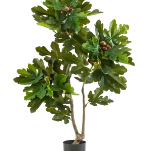 Der Kunstpflanze Ficus Carica Feigenbaum 120 cm hat sattgrüne Blätter und kleine braune Früchte in einem schwarzen Topf vor einem schlichten weißen Hintergrund.