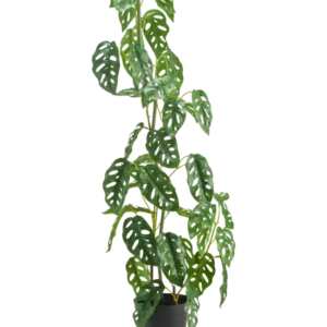 Die Kunstpflanze Monstera 90 cm grün ist eine hohe, grüne Kunstpflanze mit ovalen Blättern mit mehreren Löchern, die in einem Topf vor einem schlichten weißen Hintergrund präsentiert wird.