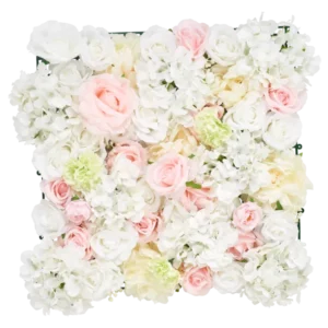 Die künstlichen Heckenblumen 50x50 cm weiß haben eine quadratische Fläche voller künstlicher weißer Rosen, Pfingstrosen und Hortensien vor einem weißen Hintergrund.