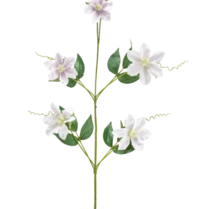 Eine einzelne künstliche Blume Alstroemeria 47 cm rot/lila Stiel mit verschiedenen Zweigen und Blättern, mit fünf rot-lila Blüten mit gelbem Herz, vor einem weißen Hintergrund.