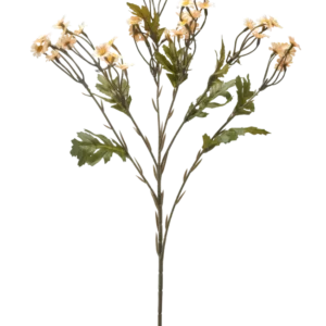 Die künstliche Blume Mini Gänseblümchen 61 cm creme ist ein einzelner künstlicher Blumenstiel mit mehreren Zweigen, grünen Blättern und kleinen cremefarbenen gänseblümchenähnlichen Blüten vor einem schlichten weißen Hintergrund.