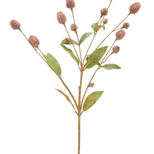 Die künstliche Blume Globosa 69 cm lila ist ein einzelner künstlicher Stiel mit mehreren Zweigen, länglichen grünen Blättern und Büscheln kleiner lila Blütenknospen vor einem weißen Hintergrund.