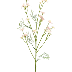 Die künstliche Wildblume 68 cm hellrosa hat einen einzelnen grünen Stiel mit gefiederten Blättern und mehreren Zweigen, die mit kleinen, hellrosa Blüten verziert sind, vor einem schlichten weißen Hintergrund.