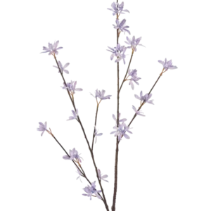 Die künstlichen Wildblumen 112 cm in Flieder haben drei schlanke braune Stiele mit zarten violetten Blüten und schmalen grünen Blättern vor einem schlichten weißen Hintergrund.