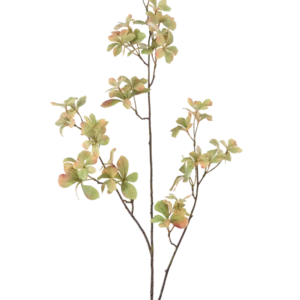 Der künstliche Blumenzweig 112 cm grün hat einen schlanken, verzweigten Stiel mit Büscheln grüner Blätter in hellrosa und cremefarben vor einem schlichten weißen Hintergrund.
