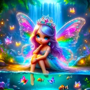 Diamond Painting Set Elfe am Teich mit bunten Schmetterlingen, glitzernden Strasssteinen und funkelndem Fantasy-Motiv.