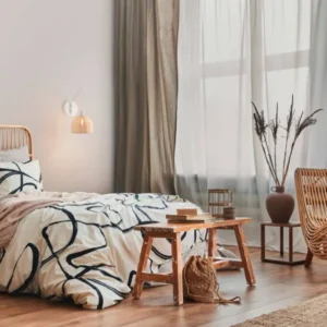 Fado Wandleuchte Ø 20,5cm E27 Rattan an der Wand im gemütlichen Schlafzimmer mit natürlichem Interior