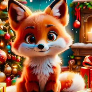 Diamond Painting Set: Süßer Fuchs vor festlichem Weihnachtsbaum mit glänzenden Kugeln und leuchtender Winterdekoration.