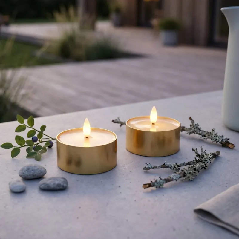 Outdoor LED Teelichter 2er-Pack - Realistische 3D-Flamme - Messing