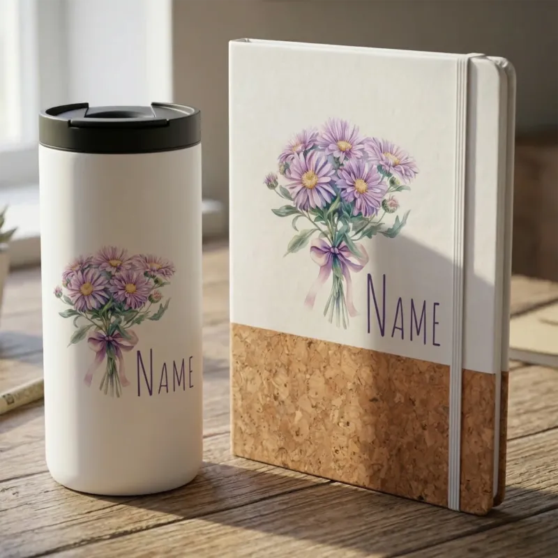 Weißer Becher und Notizbuch mit lila Blumenmotiv.