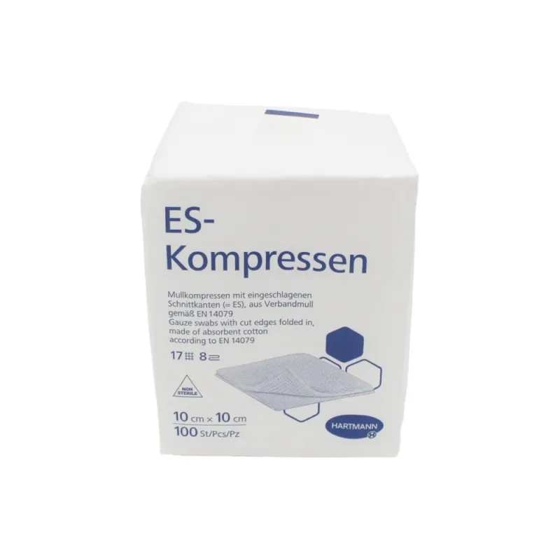 Packung ES-Kompressen 10×10 cm von Hartmann mit 100 Stück in weißer Verpackung, Vorderansicht.