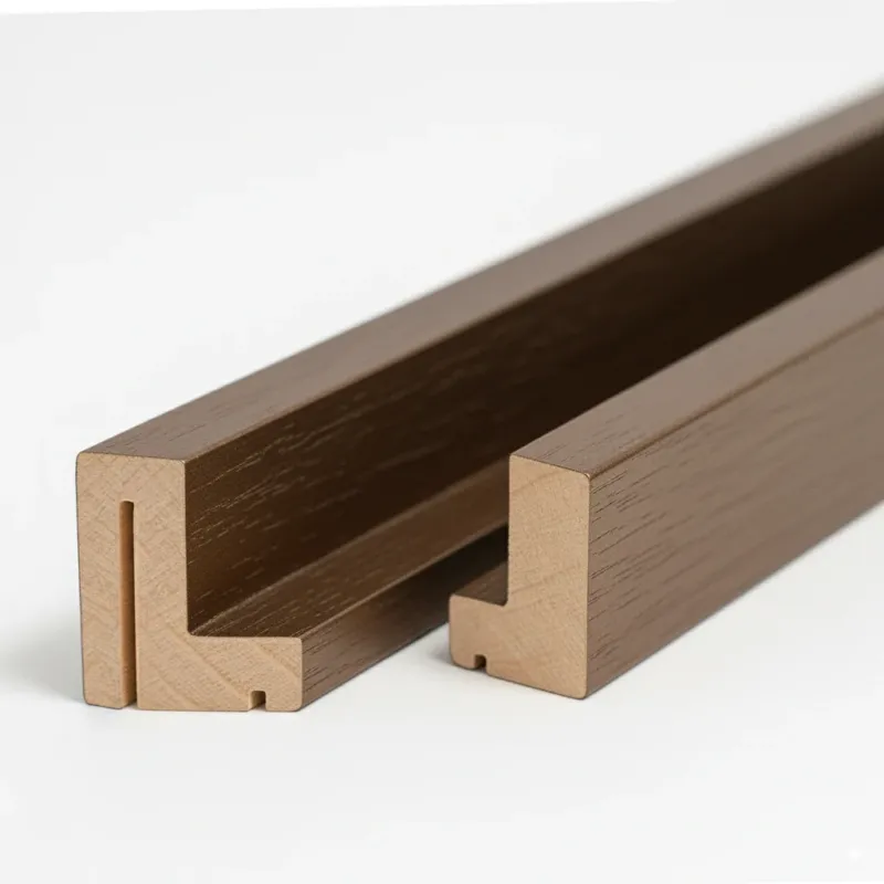 Schattenfugenrahmen aus Massivholz Abachi im Gehrungsschnitt, hochwertige Holzleisten mit durchgehender Nut, ideal für Keilrahmen und Leinwände – Produktfoto vor weißem Studiohintergrund.