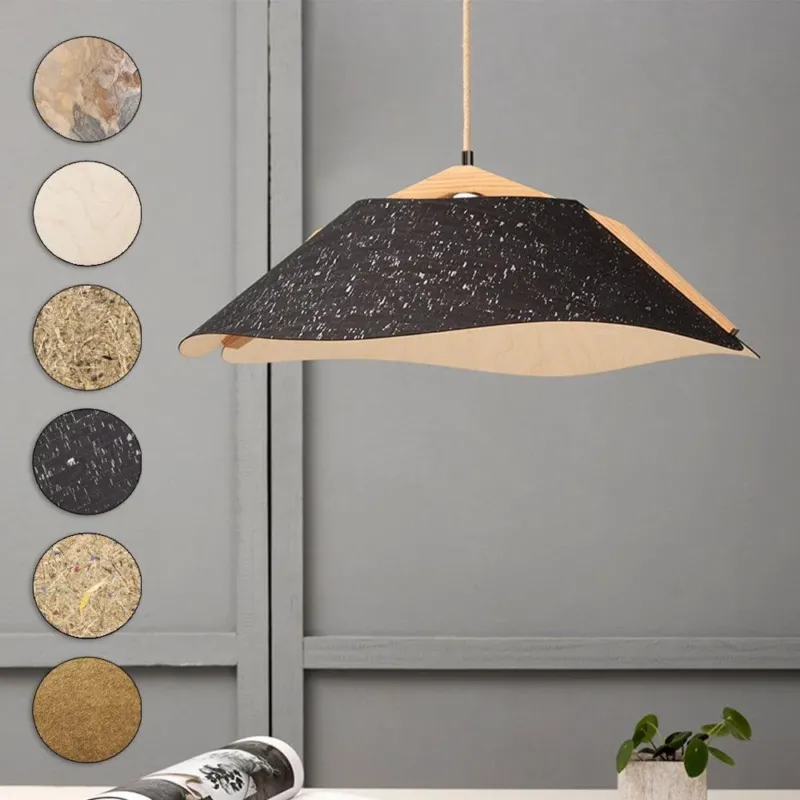 Holz Hängeleuchte mit Schirm Ø 62cm geschwungen, Design-Pendelleuchte aus natürlichen Materialien