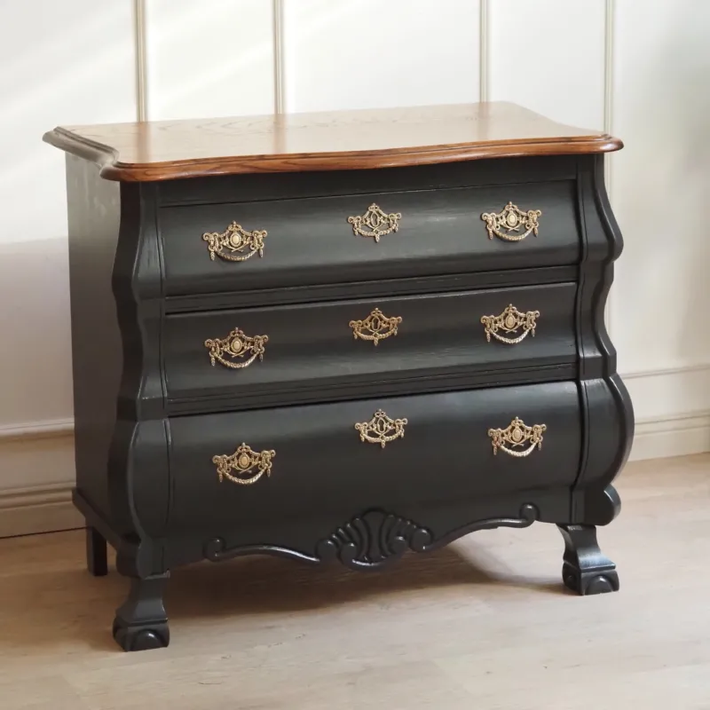 Barock Kommode Vintage schwarz lackiert – Naturholzplatte, 19. Jahrhundert